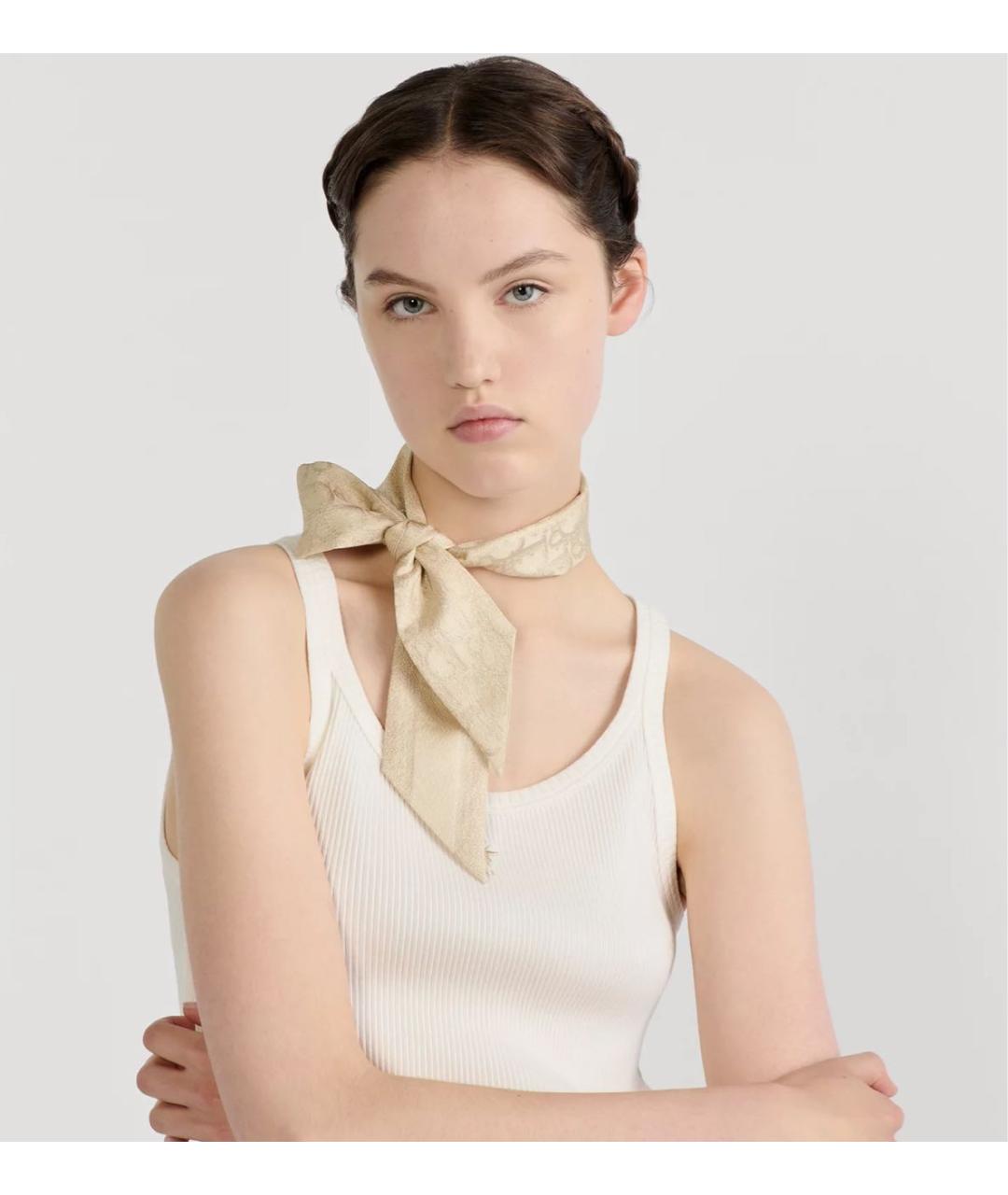 CHRISTIAN DIOR Бежевый шелковый платок, фото 2