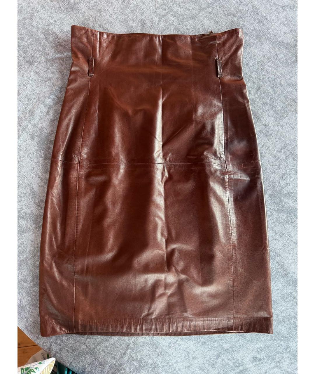 BOTTEGA VENETA Коричневая кожаная юбка миди, фото 8