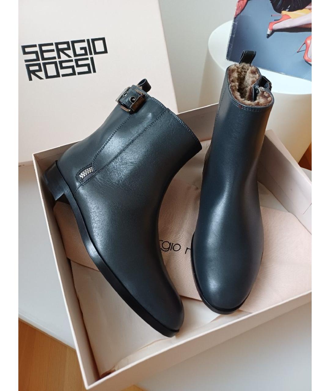 SERGIO ROSSI Антрацитовые кожаные ботинки, фото 2