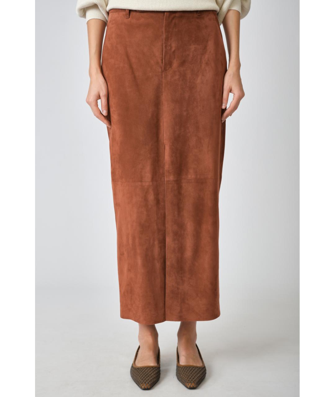 BRUNELLO CUCINELLI Коричневая замшевая юбка миди, фото 7