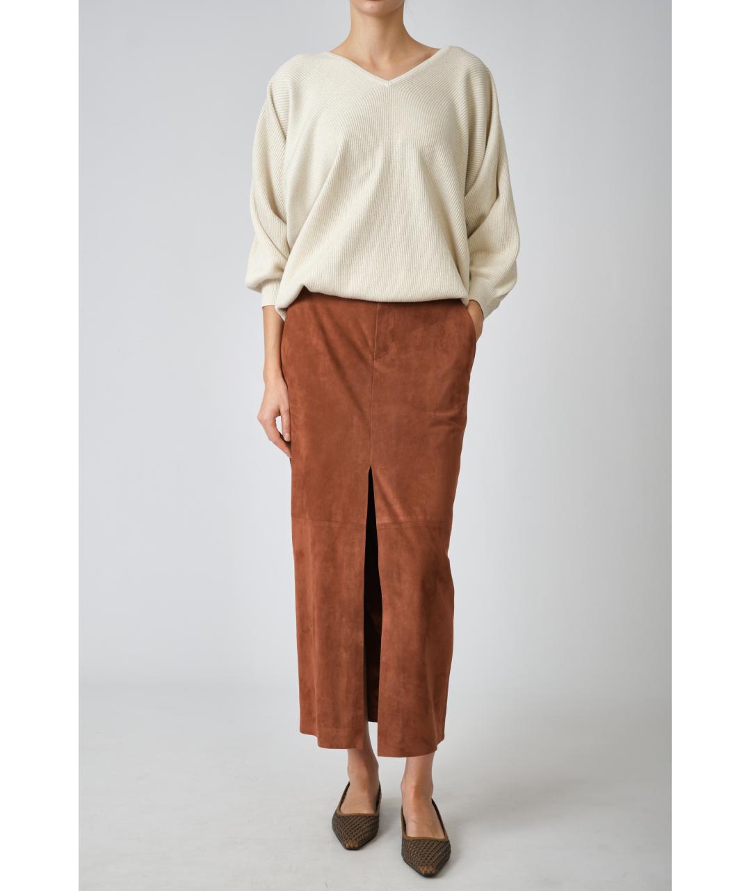 BRUNELLO CUCINELLI Коричневая замшевая юбка миди, фото 6