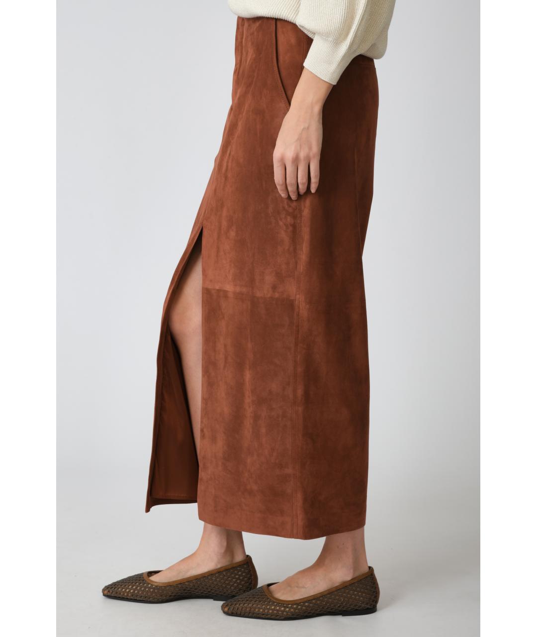 BRUNELLO CUCINELLI Коричневая замшевая юбка миди, фото 3