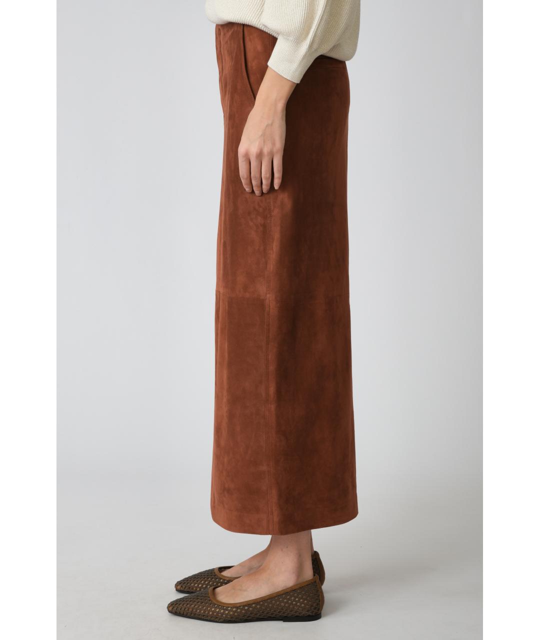 BRUNELLO CUCINELLI Коричневая замшевая юбка миди, фото 2