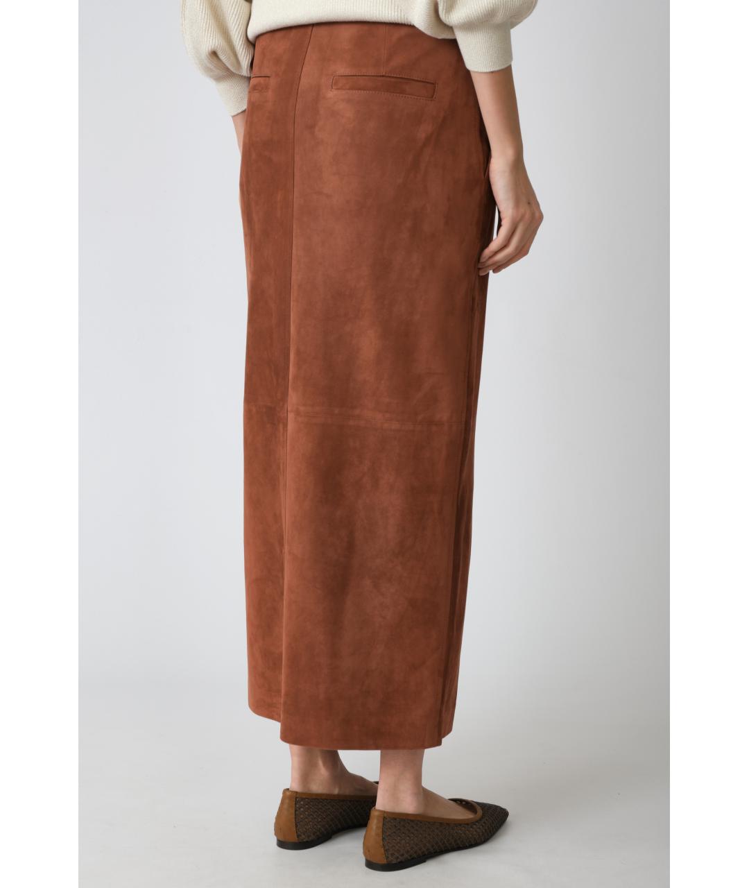 BRUNELLO CUCINELLI Коричневая замшевая юбка миди, фото 4