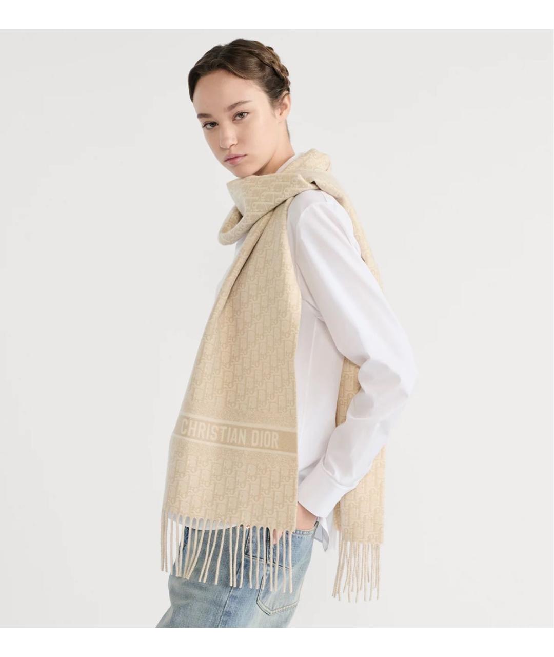 CHRISTIAN DIOR Бежевый кашемировый шарф, фото 5