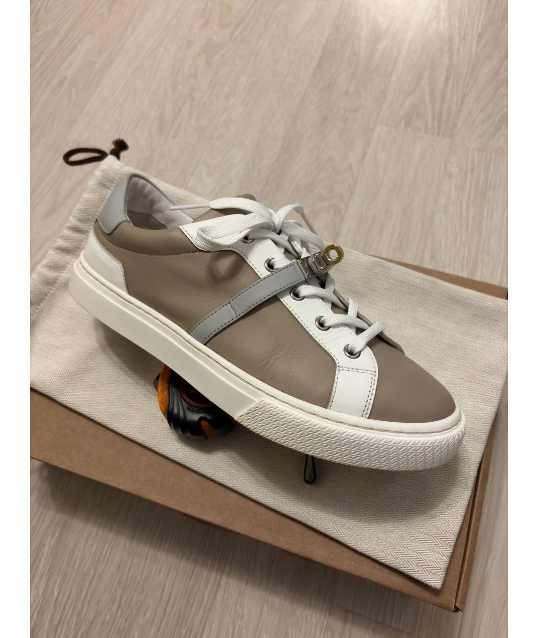 HERMES Бежевые кожаные кеды, фото 9