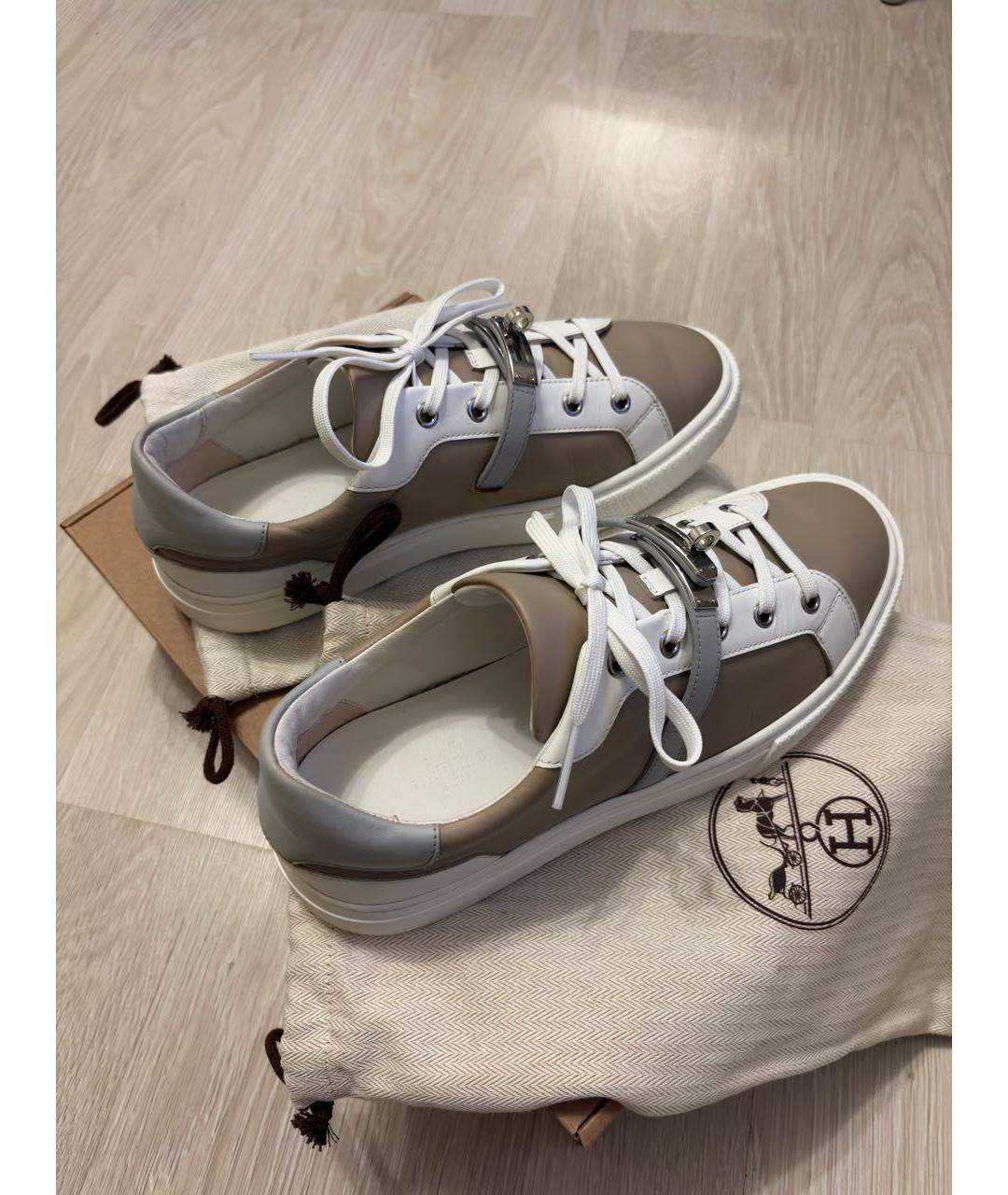 HERMES Бежевые кожаные кеды, фото 3