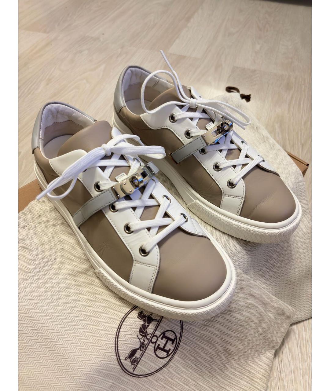 HERMES Бежевые кожаные кеды, фото 6