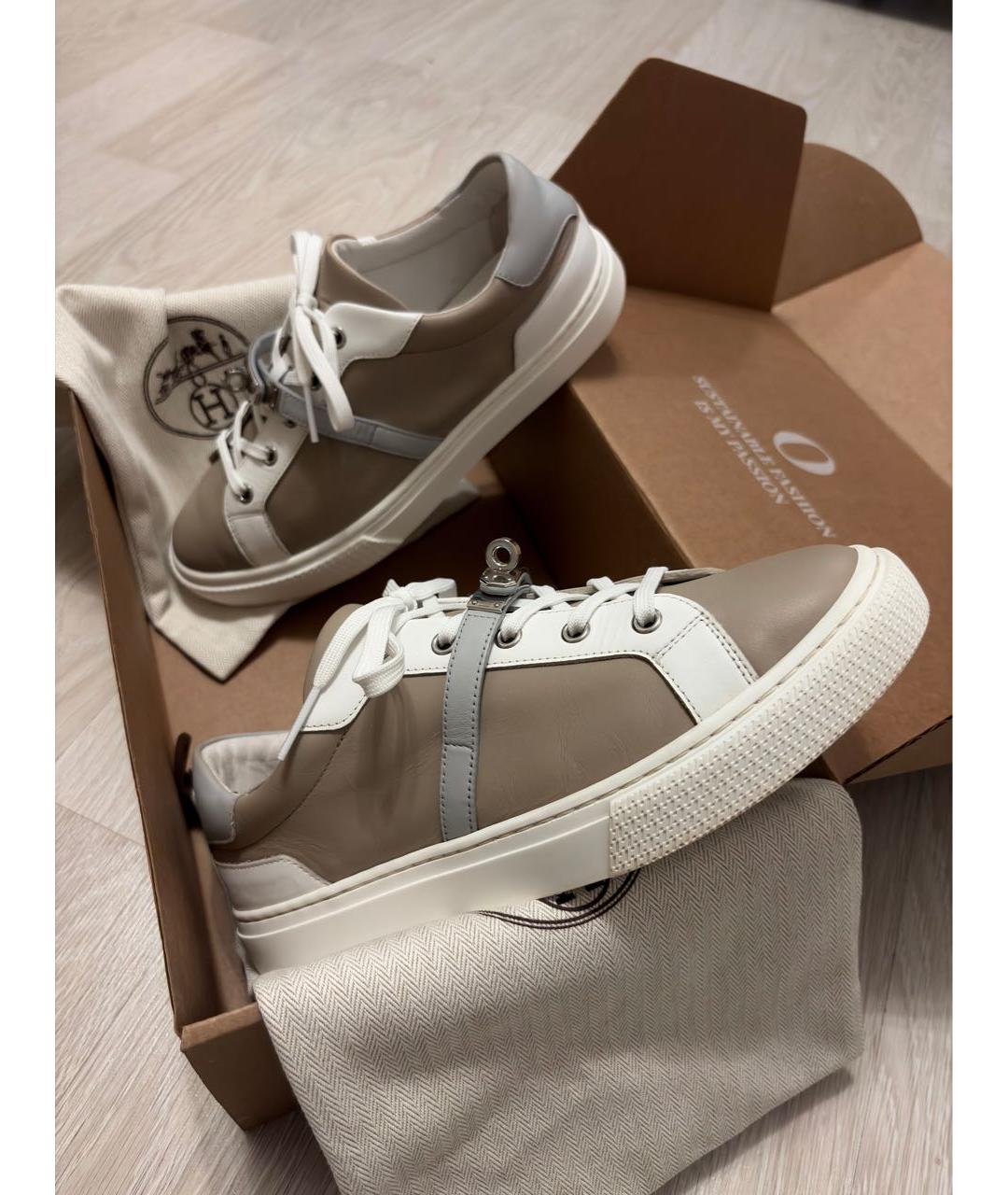 HERMES Бежевые кожаные кеды, фото 7