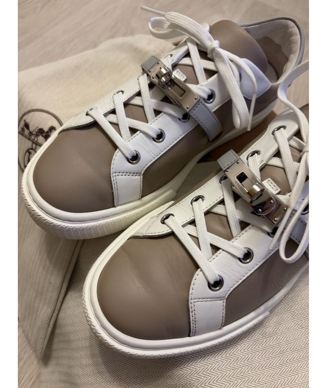 HERMES Бежевые кожаные кеды, фото 5