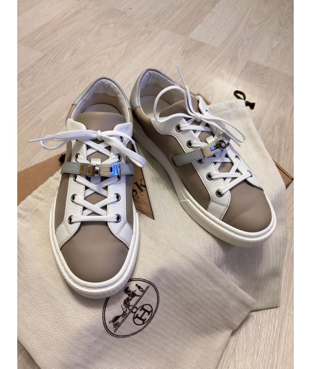 HERMES Бежевые кожаные кеды, фото 2