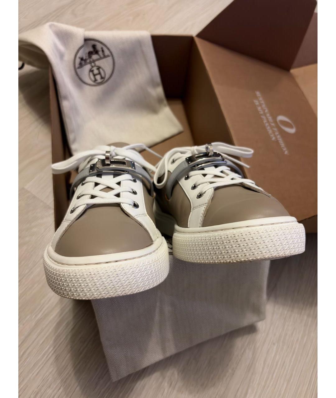 HERMES Бежевые кожаные кеды, фото 8