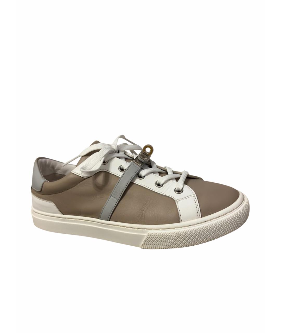 HERMES Бежевые кожаные кеды, фото 1