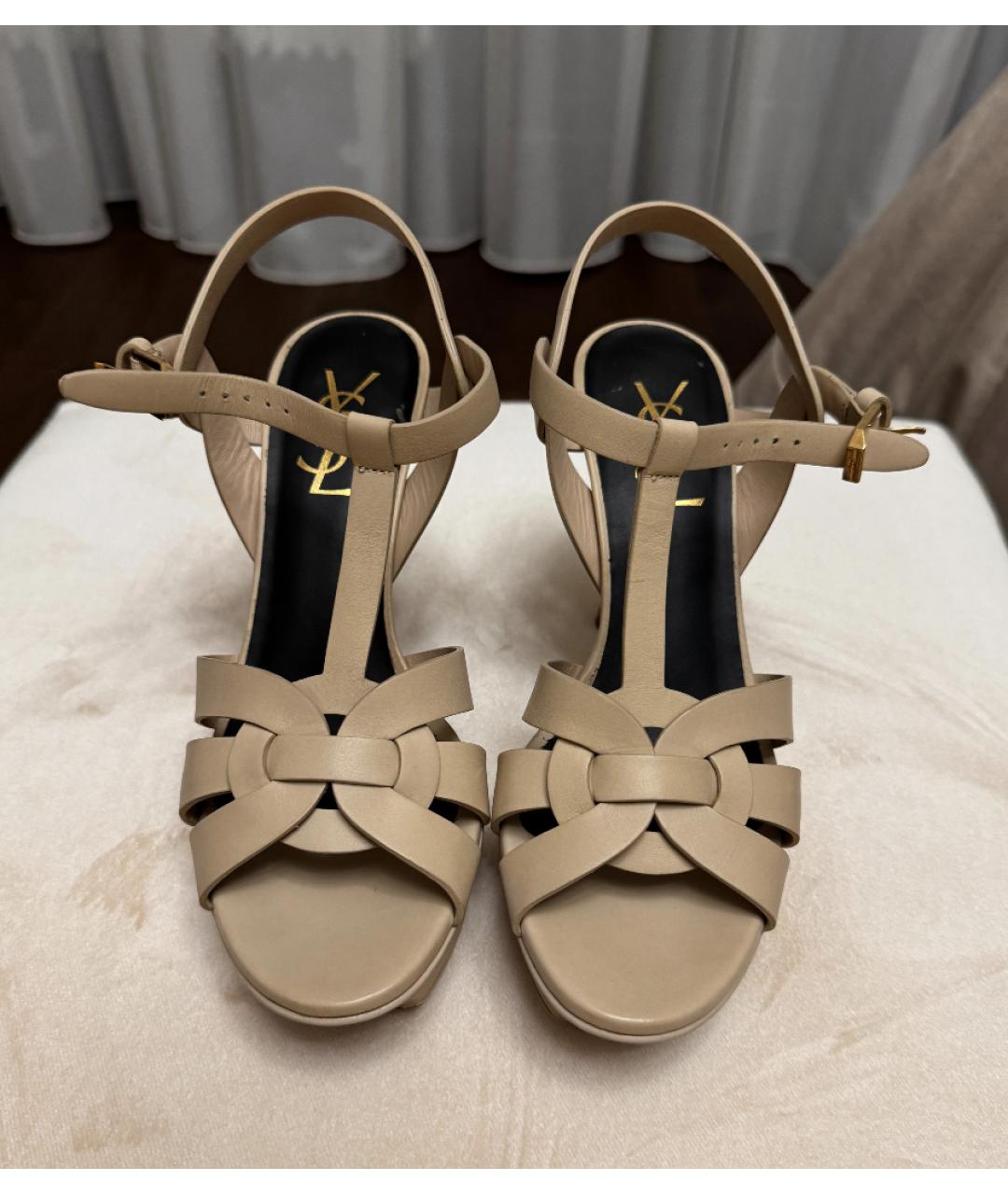 SAINT LAURENT Бежевые кожаные босоножки, фото 2