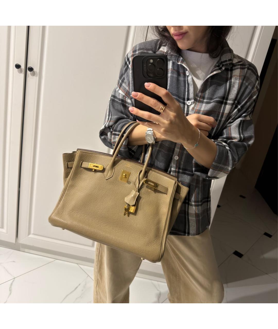 HERMES Бежевая кожаная сумка с короткими ручками, фото 2