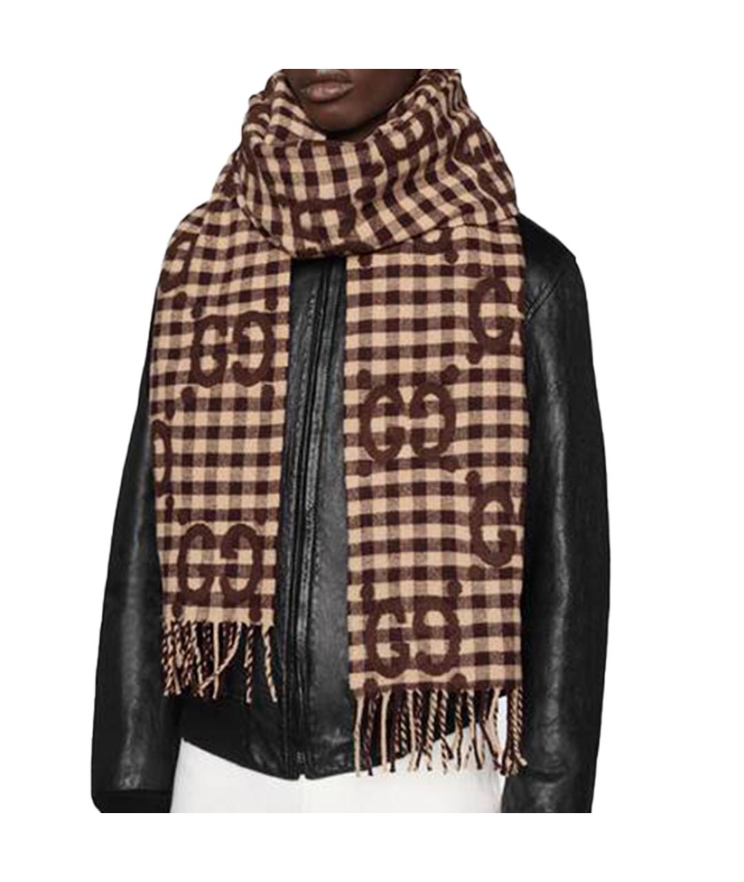 GUCCI Коричневый шерстяной шарф, фото 4