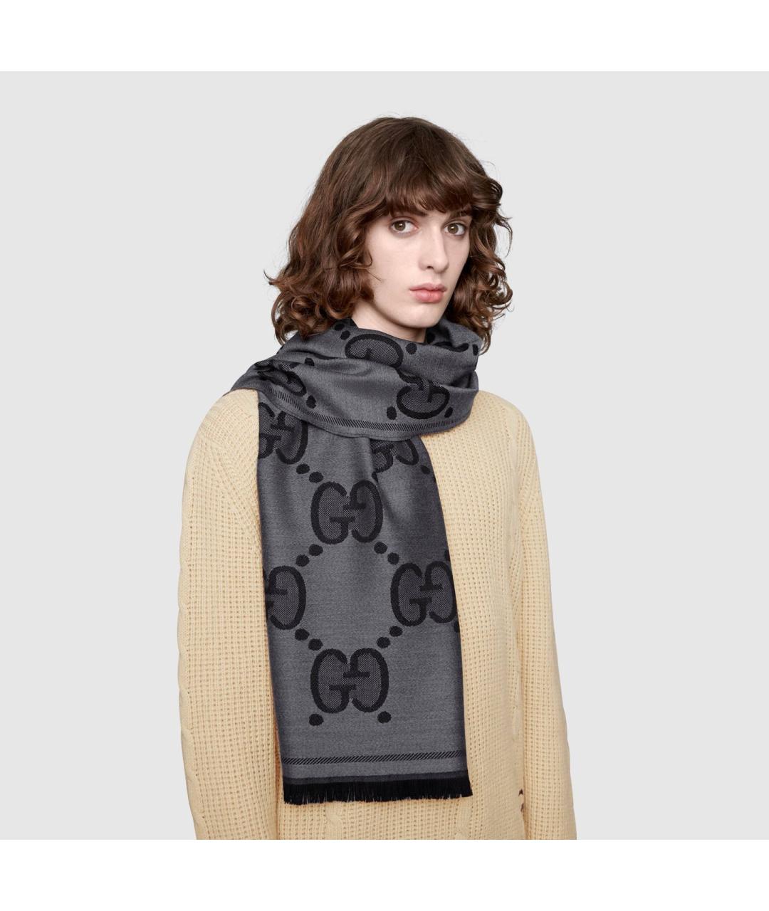 GUCCI Антрацитовый шерстяной шарф, фото 3