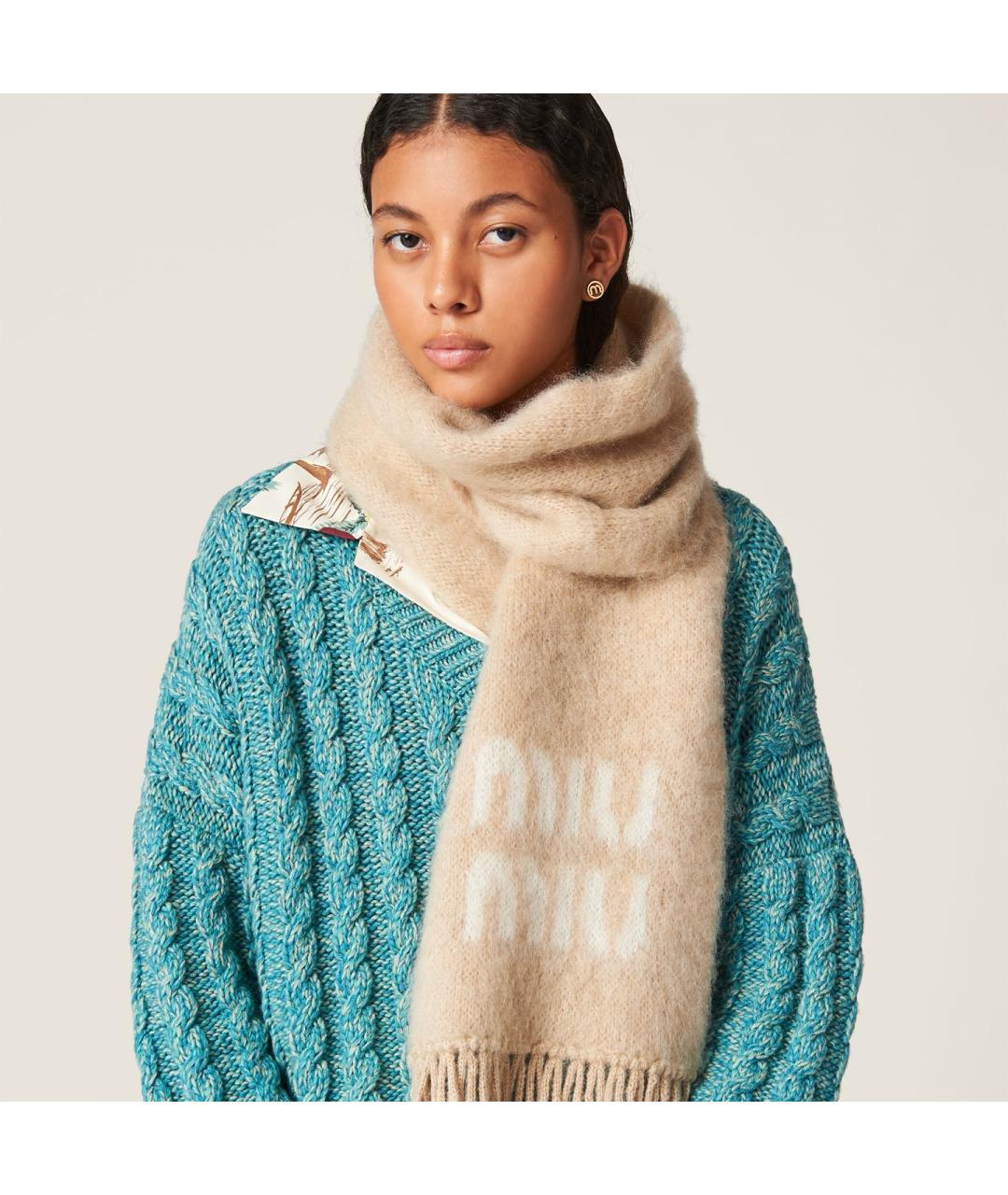 MIU MIU Бежевый шерстяной шарф, фото 3