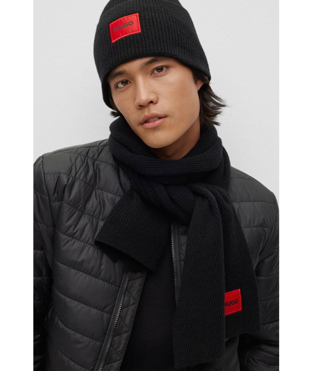 HUGO Черный шерстяной шарф, фото 3