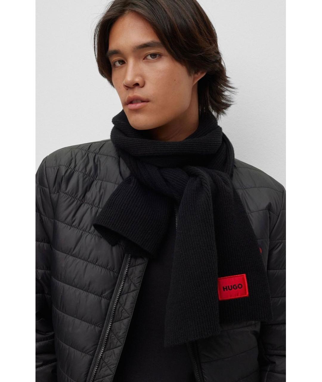HUGO Черный шерстяной шарф, фото 4