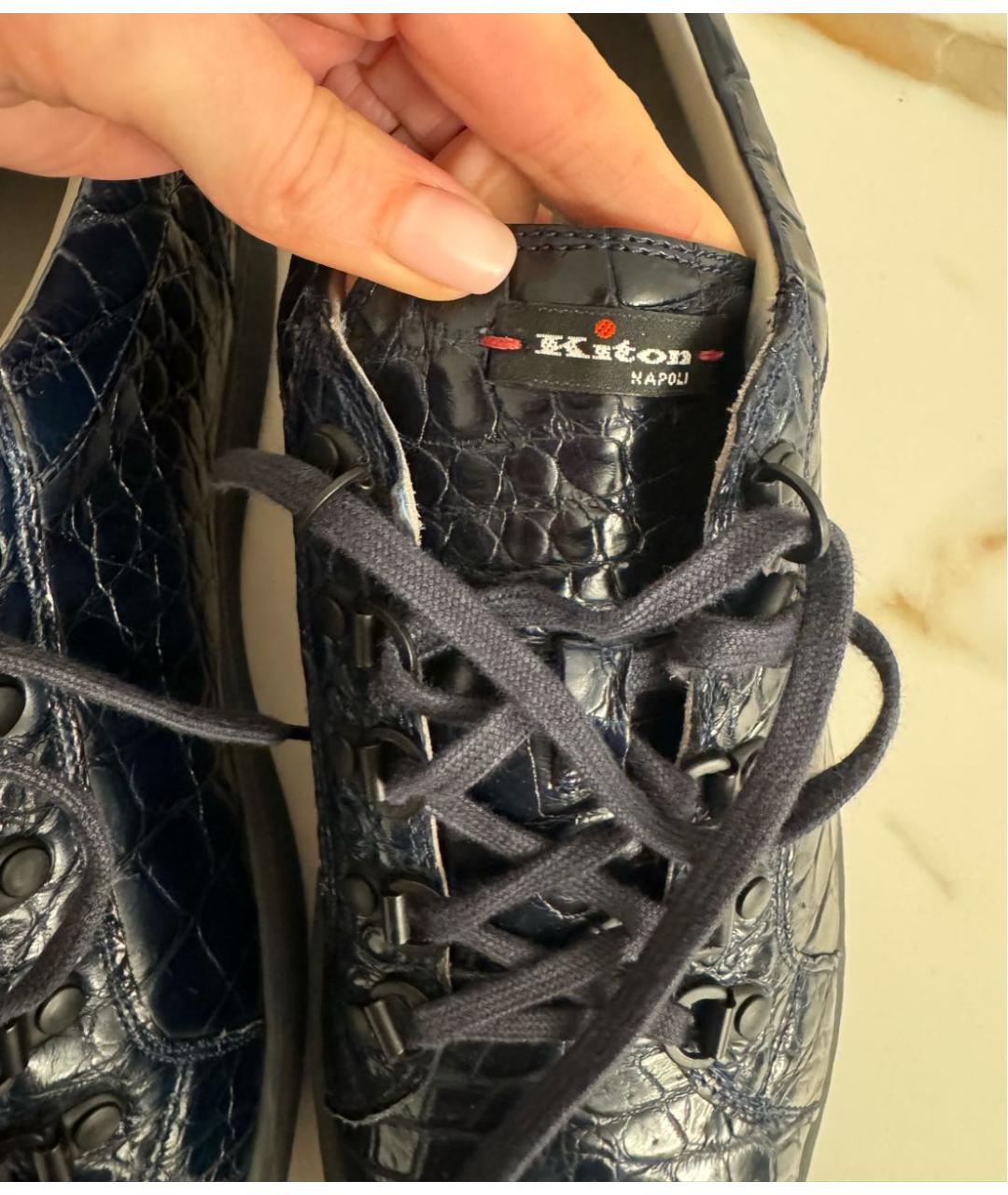 KITON Темно-синие низкие кроссовки / кеды из экзотической кожи, фото 4