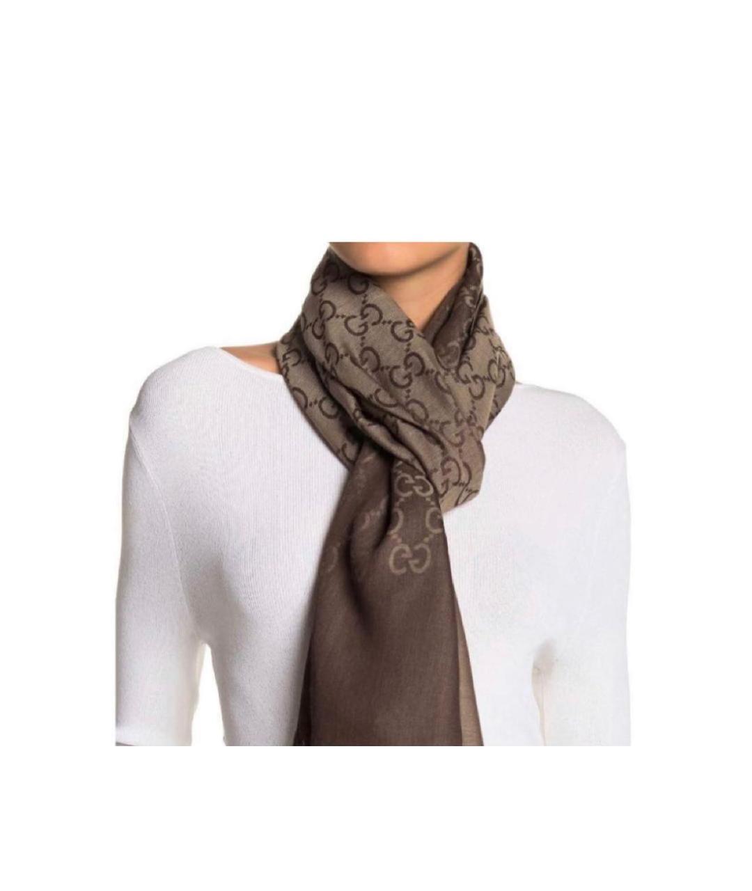 GUCCI Коричневый шерстяной шарф, фото 2