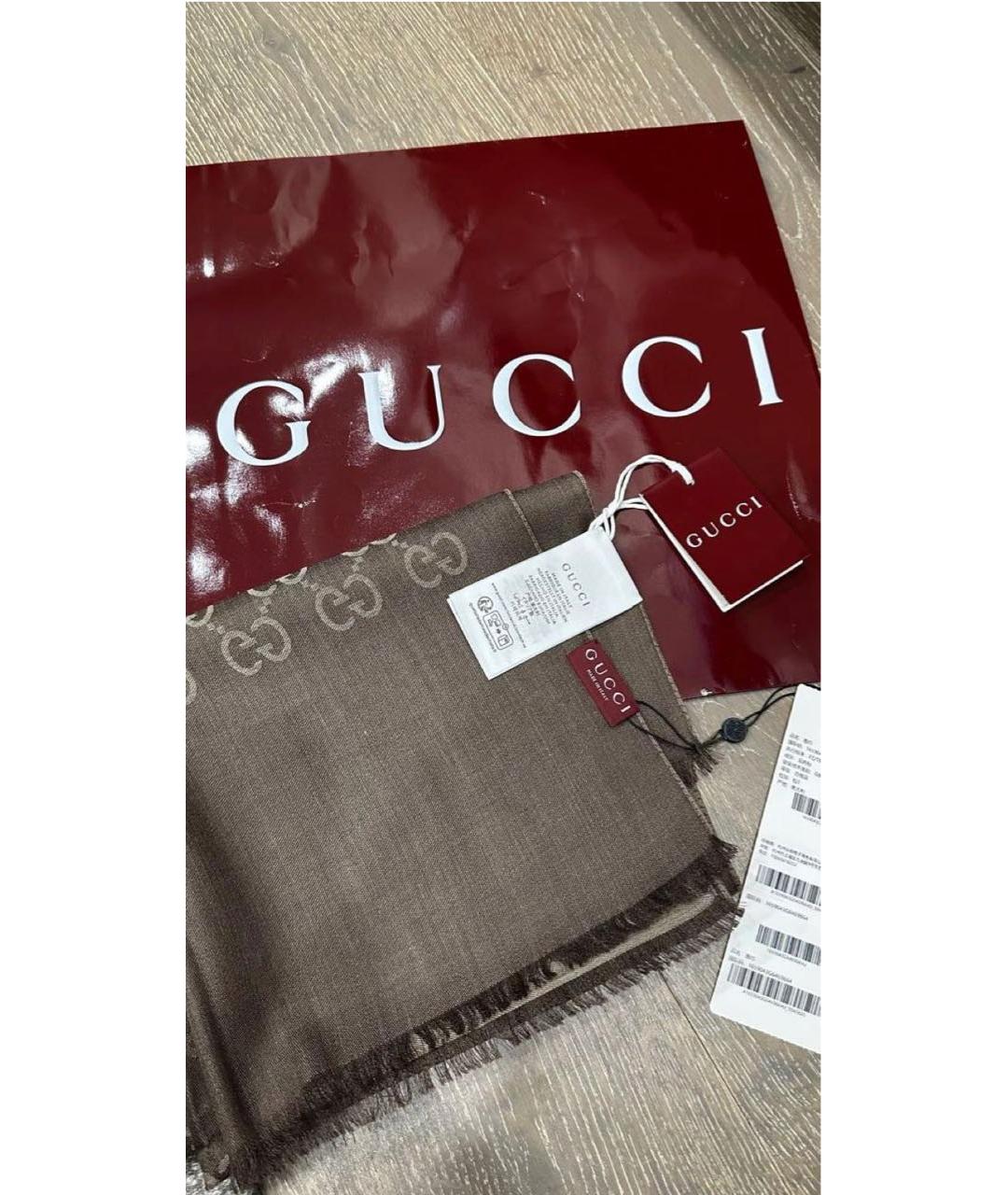 GUCCI Коричневый шерстяной шарф, фото 6