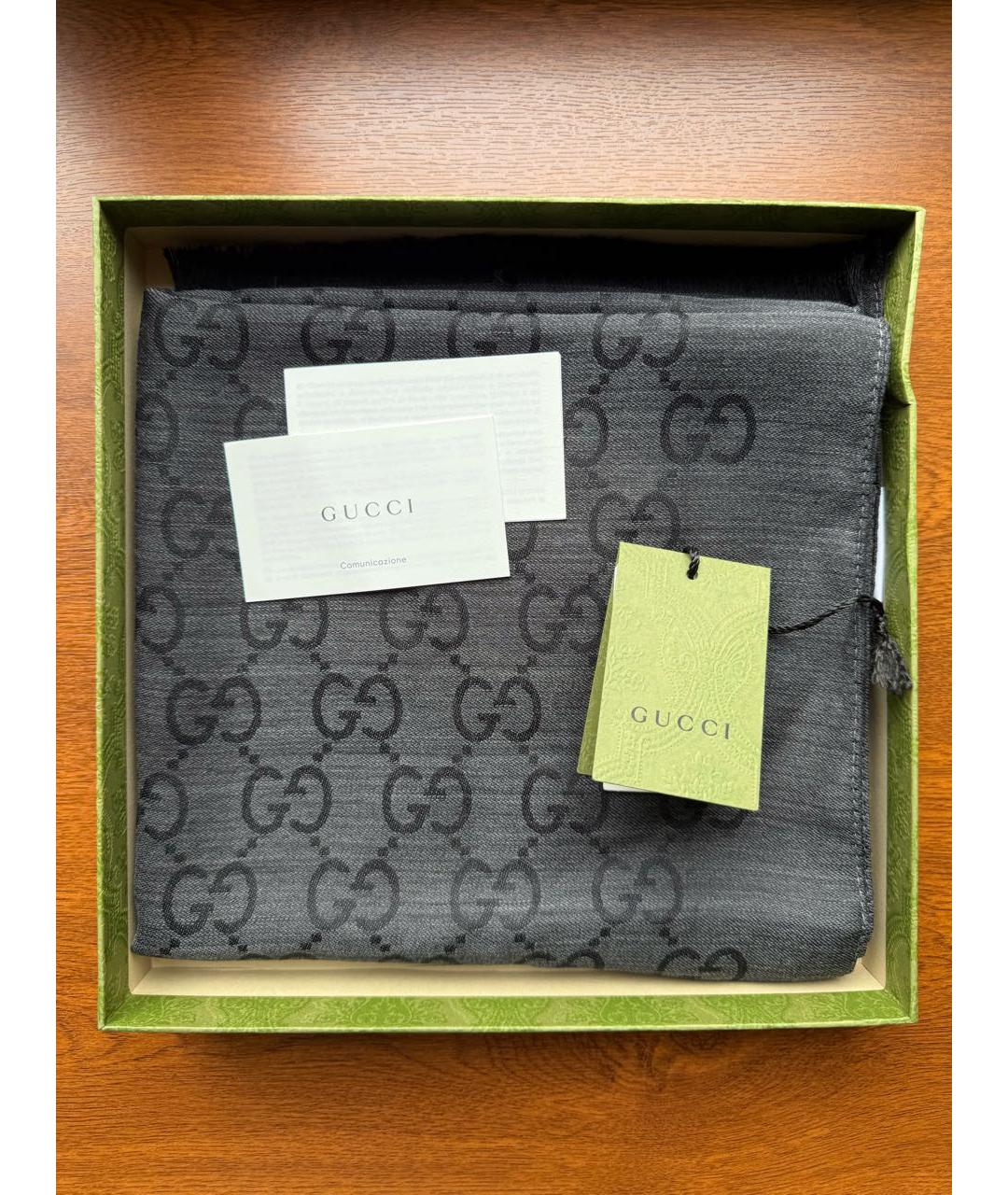 GUCCI Антрацитовый шерстяной шарф, фото 4