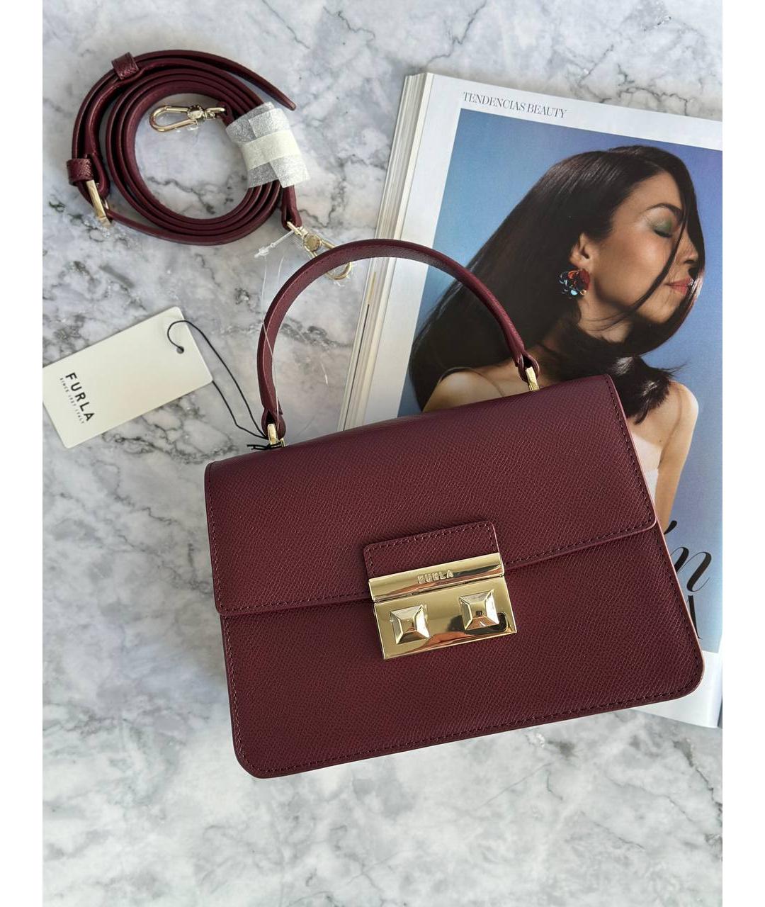FURLA Бордовая кожаная сумка с короткими ручками, фото 3