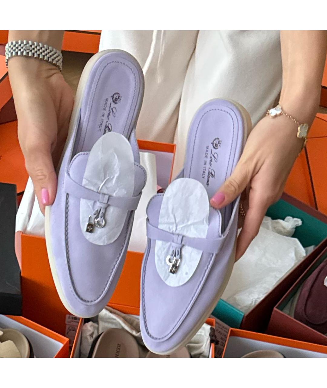 LORO PIANA Фиолетовые замшевые мюли, фото 7