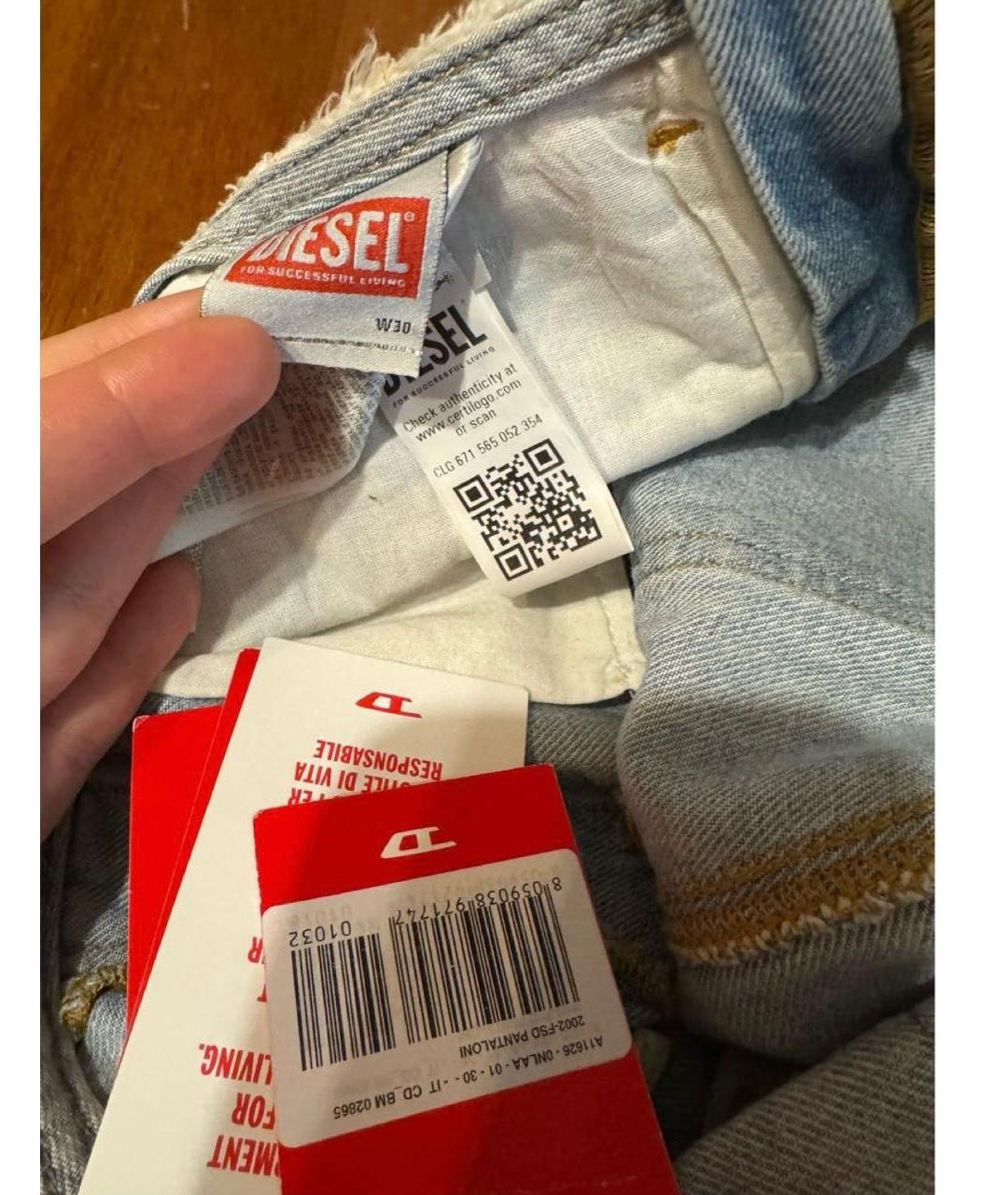 DIESEL Голубые хлопковые прямые джинсы, фото 3