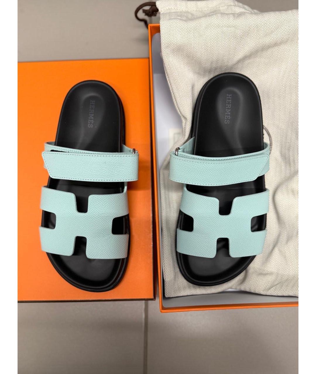 HERMES Салатовые кожаные шлепанцы, фото 2
