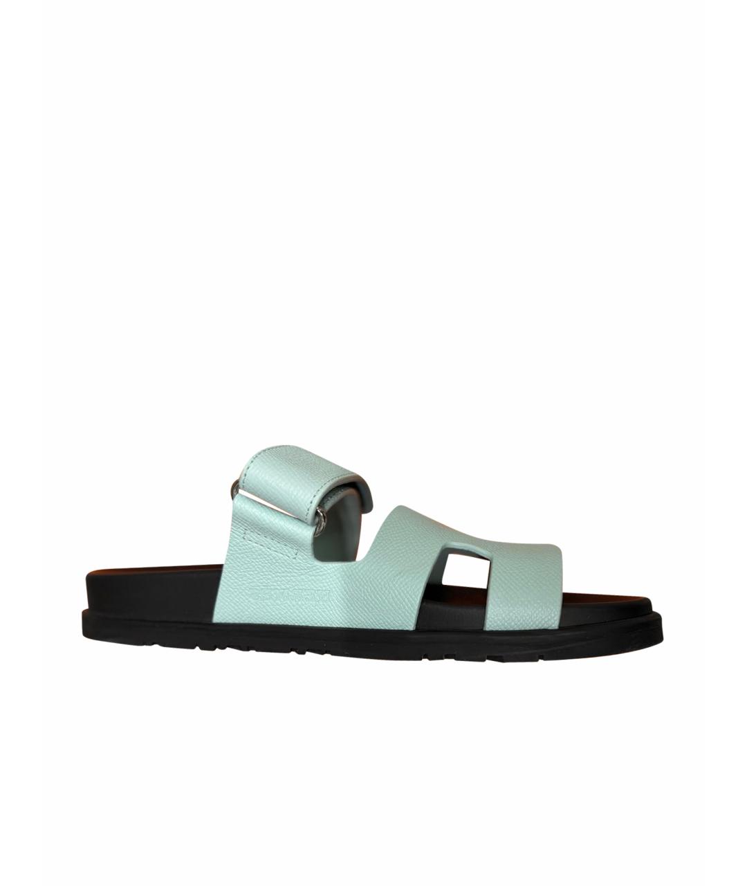 HERMES Салатовые кожаные шлепанцы, фото 1