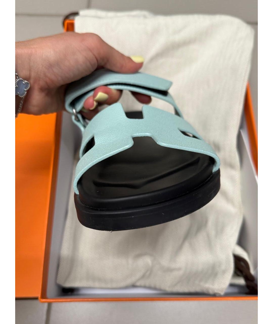 HERMES Салатовые кожаные шлепанцы, фото 8