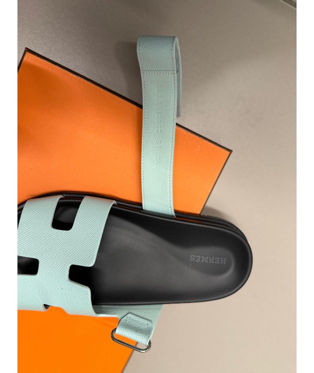 HERMES Салатовые кожаные шлепанцы, фото 5