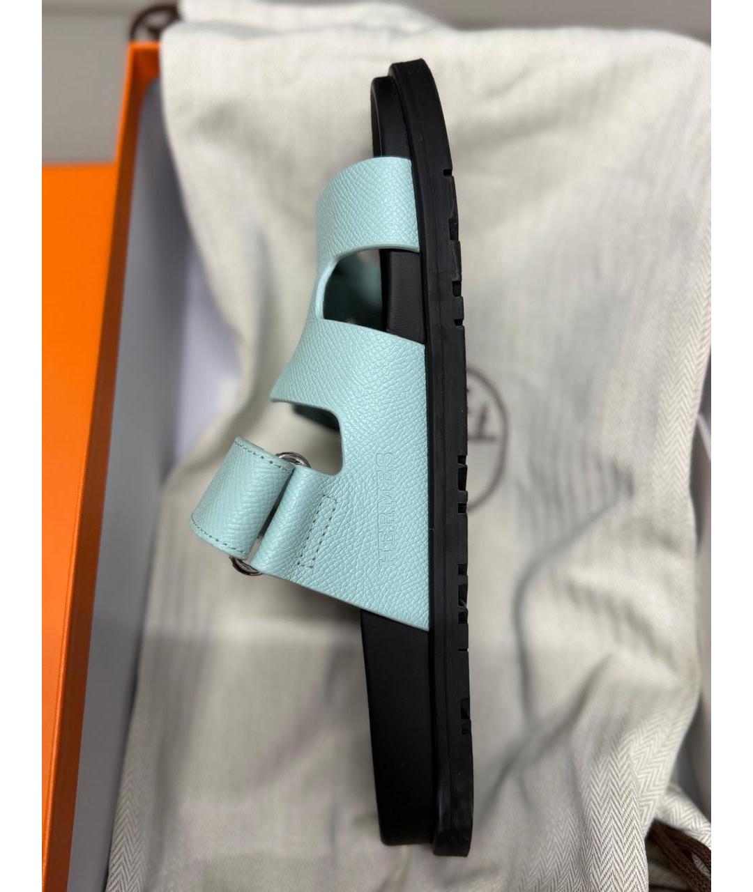 HERMES Салатовые кожаные шлепанцы, фото 7