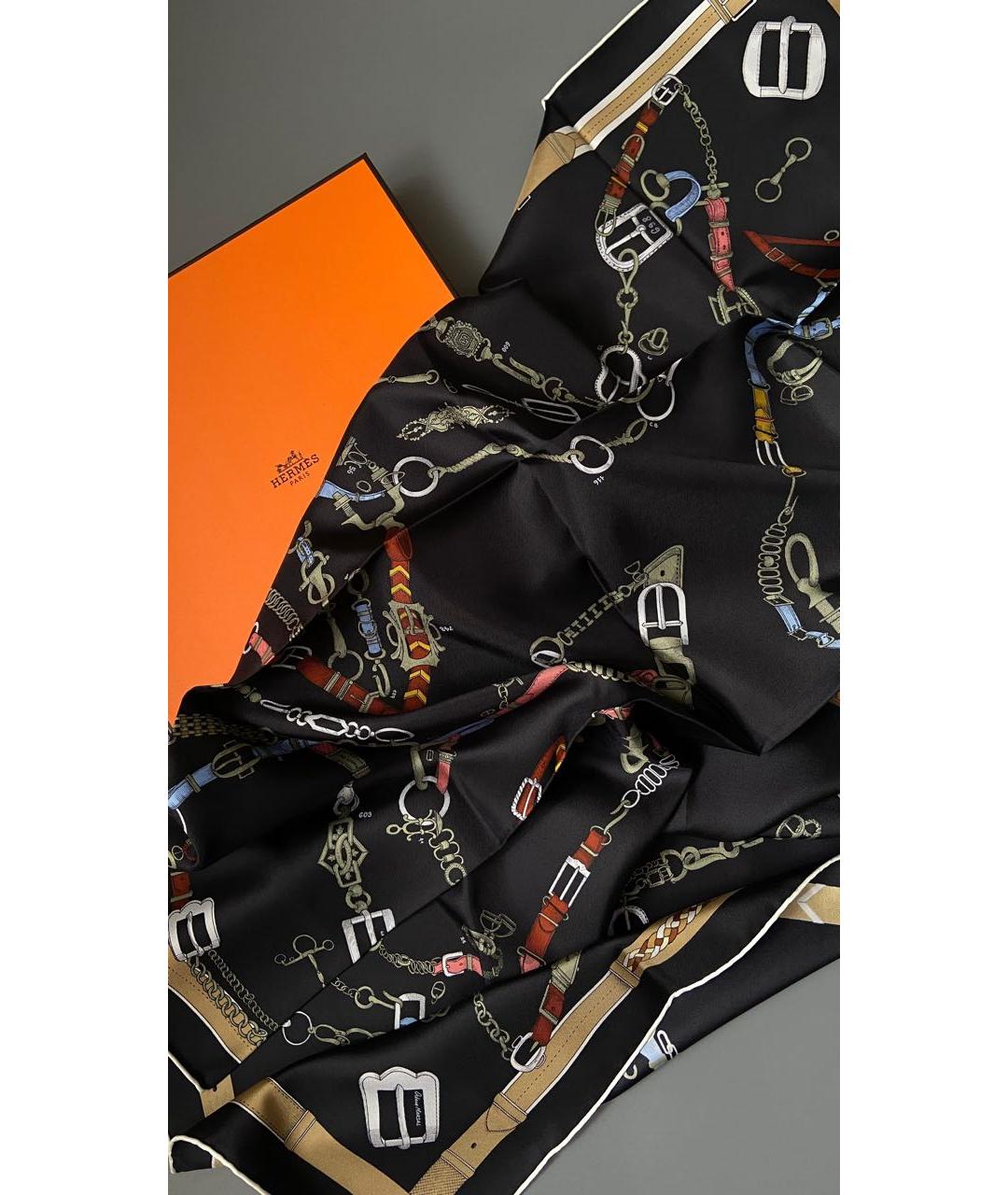 HERMES Черный шелковый платок, фото 2