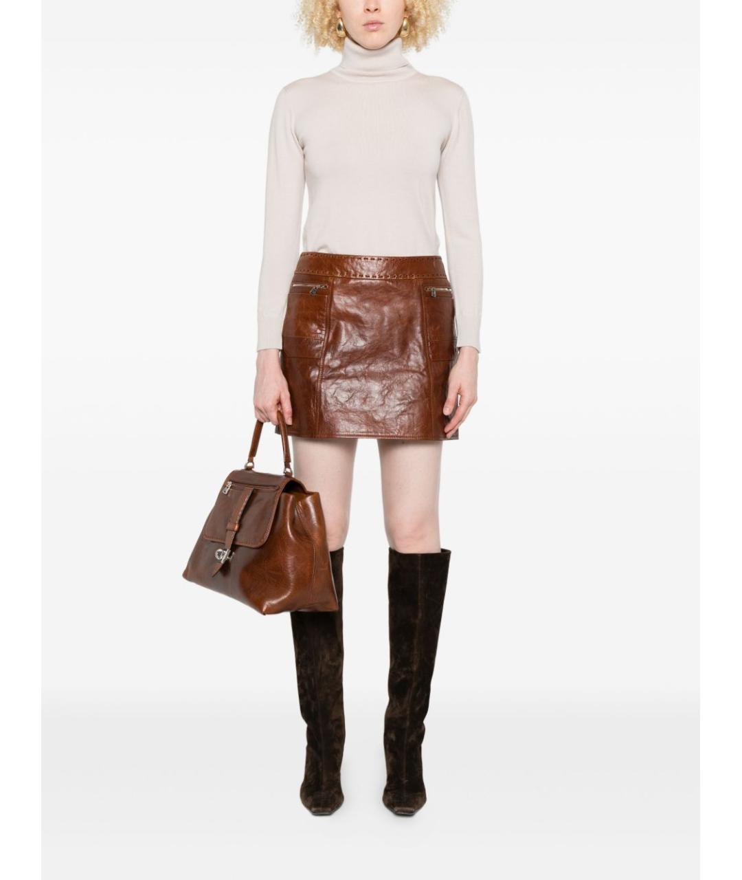 ERMANNO SCERVINO Коричневая кожаная юбка мини, фото 2
