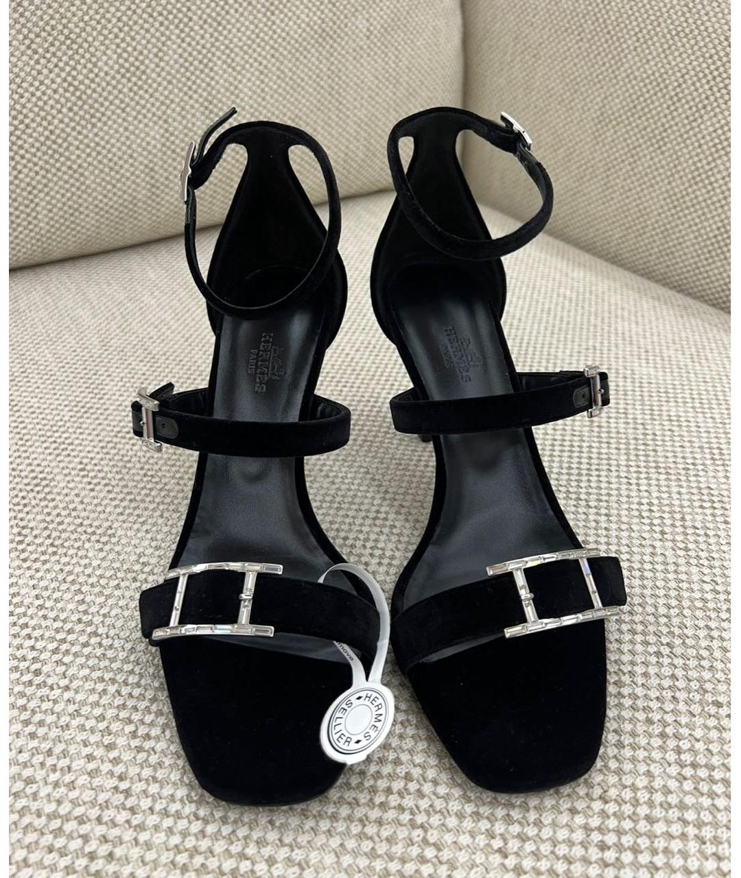 HERMES Черные бархатные босоножки, фото 2