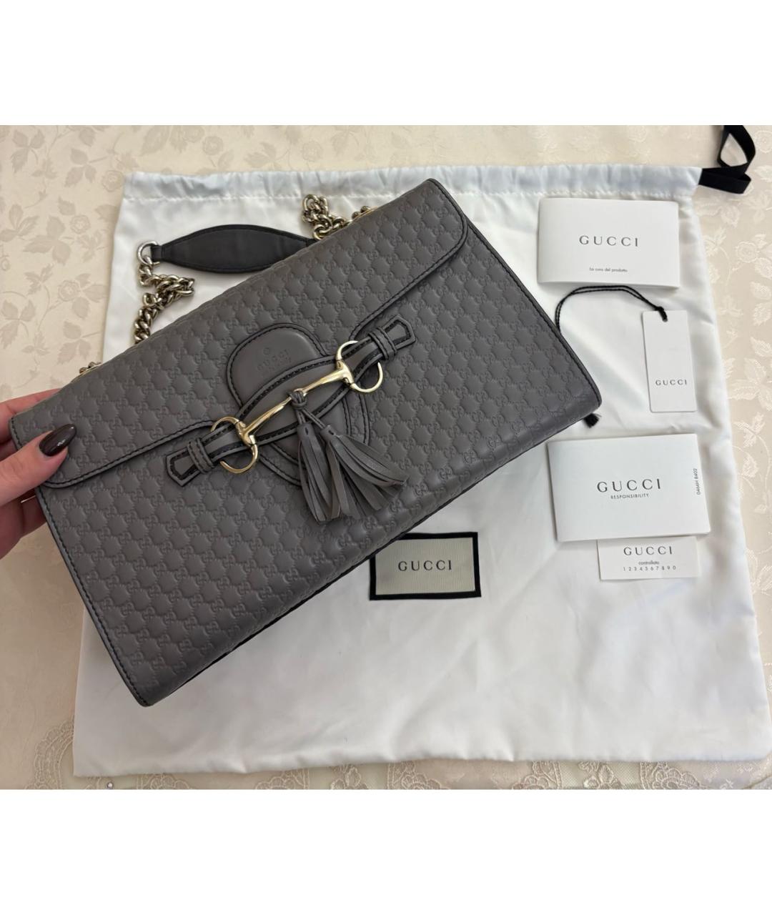 GUCCI Серая кожаная сумка с короткими ручками, фото 2