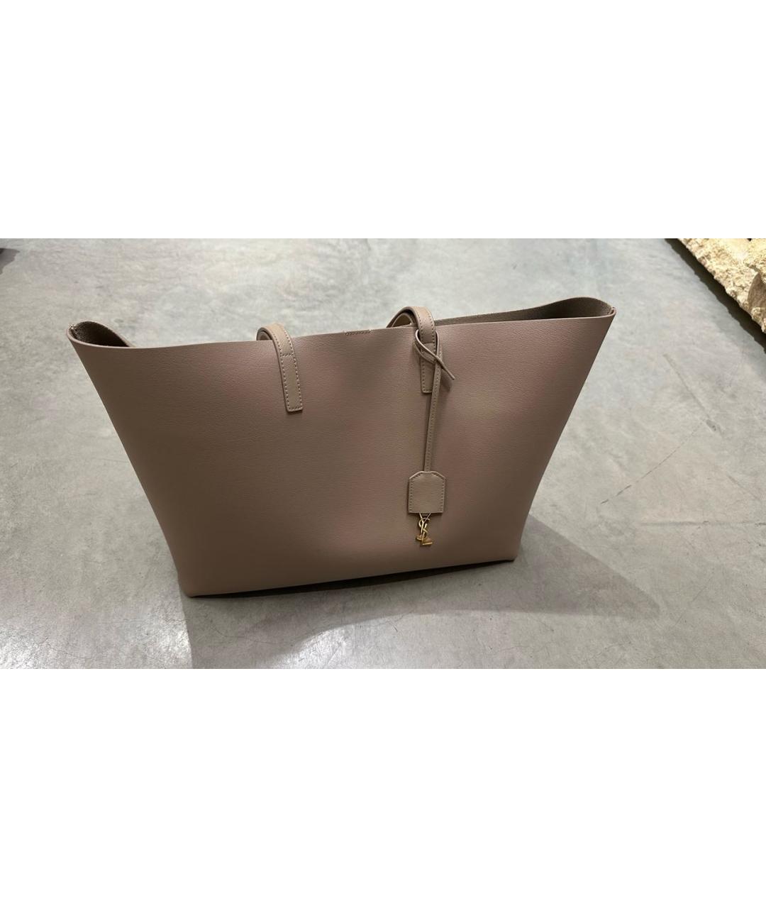 SAINT LAURENT Бежевая кожаная сумка с короткими ручками, фото 6