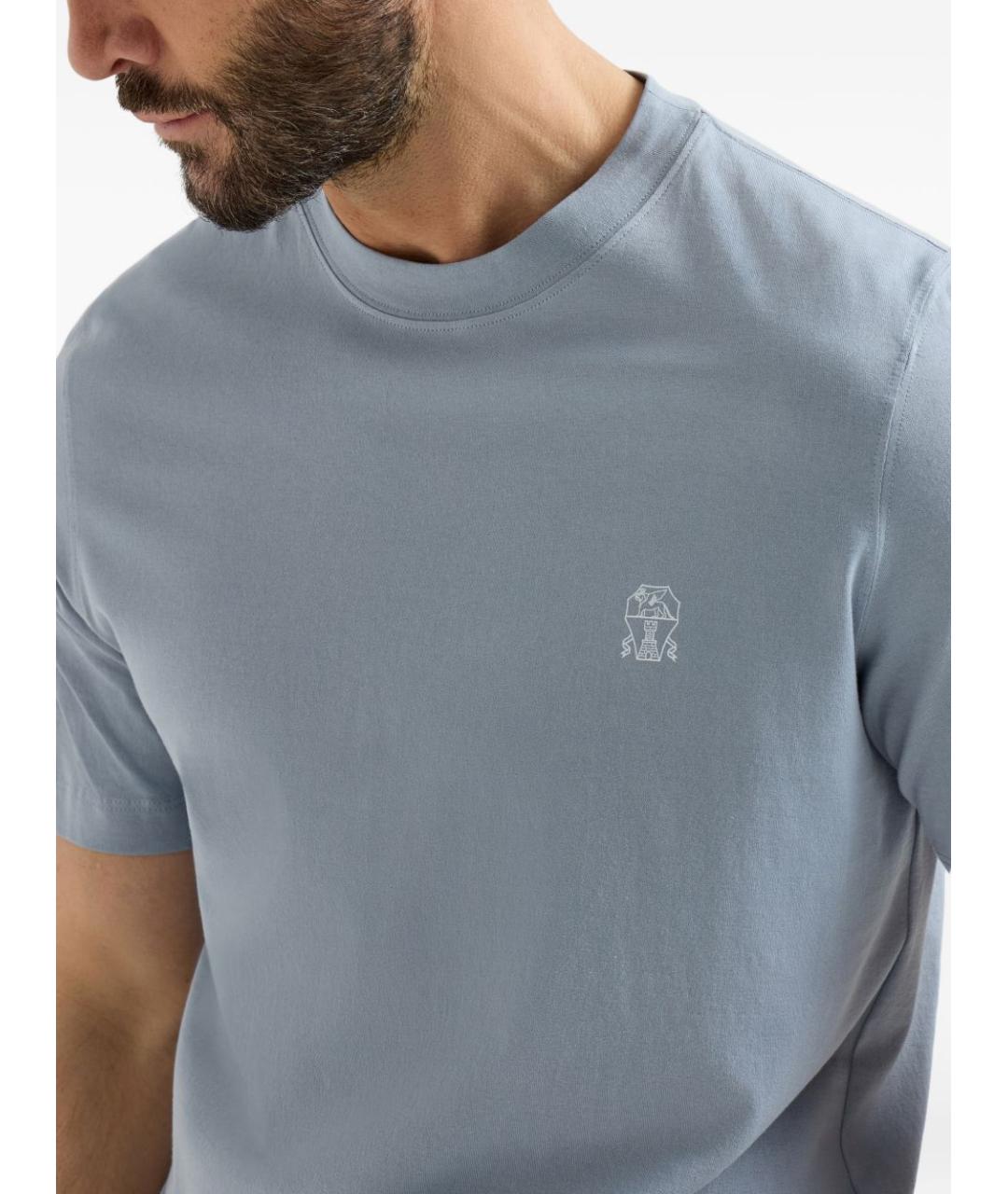 BRUNELLO CUCINELLI Голубая хлопковая футболка, фото 4