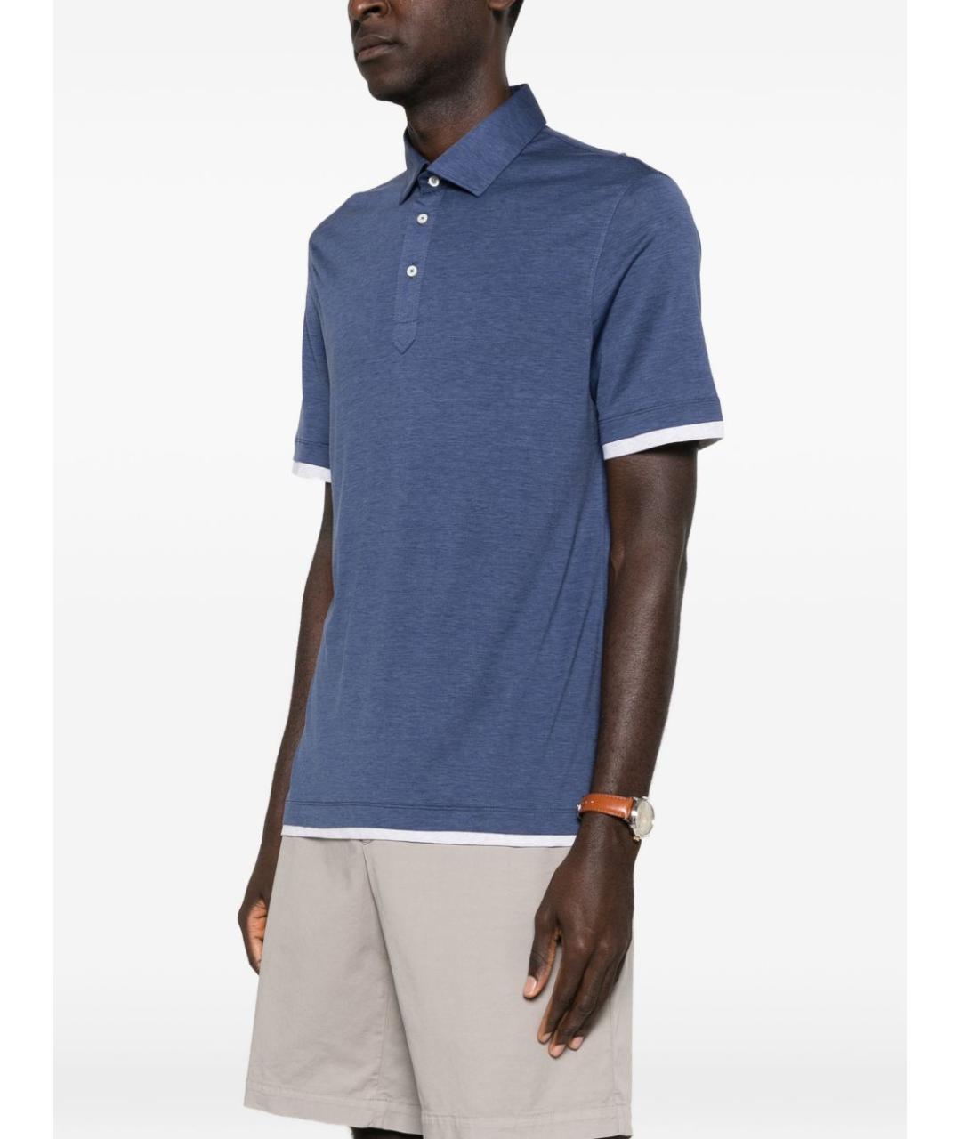 BRUNELLO CUCINELLI Синее хлопковое поло с коротким рукавом, фото 3