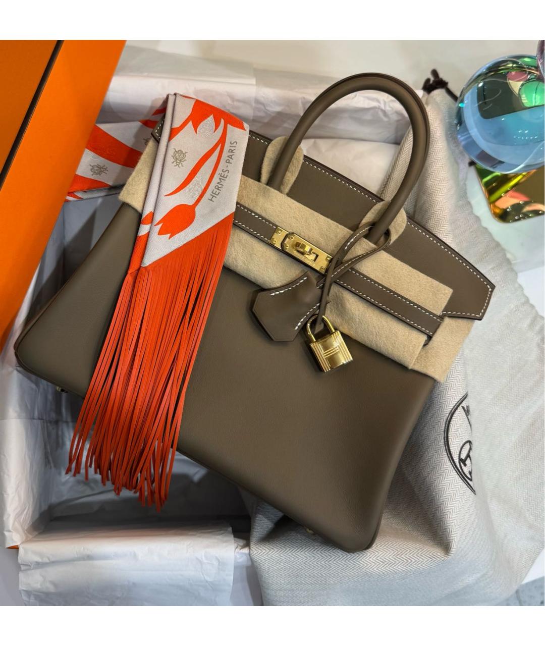 HERMES Оранжевый шелковый платок, фото 5