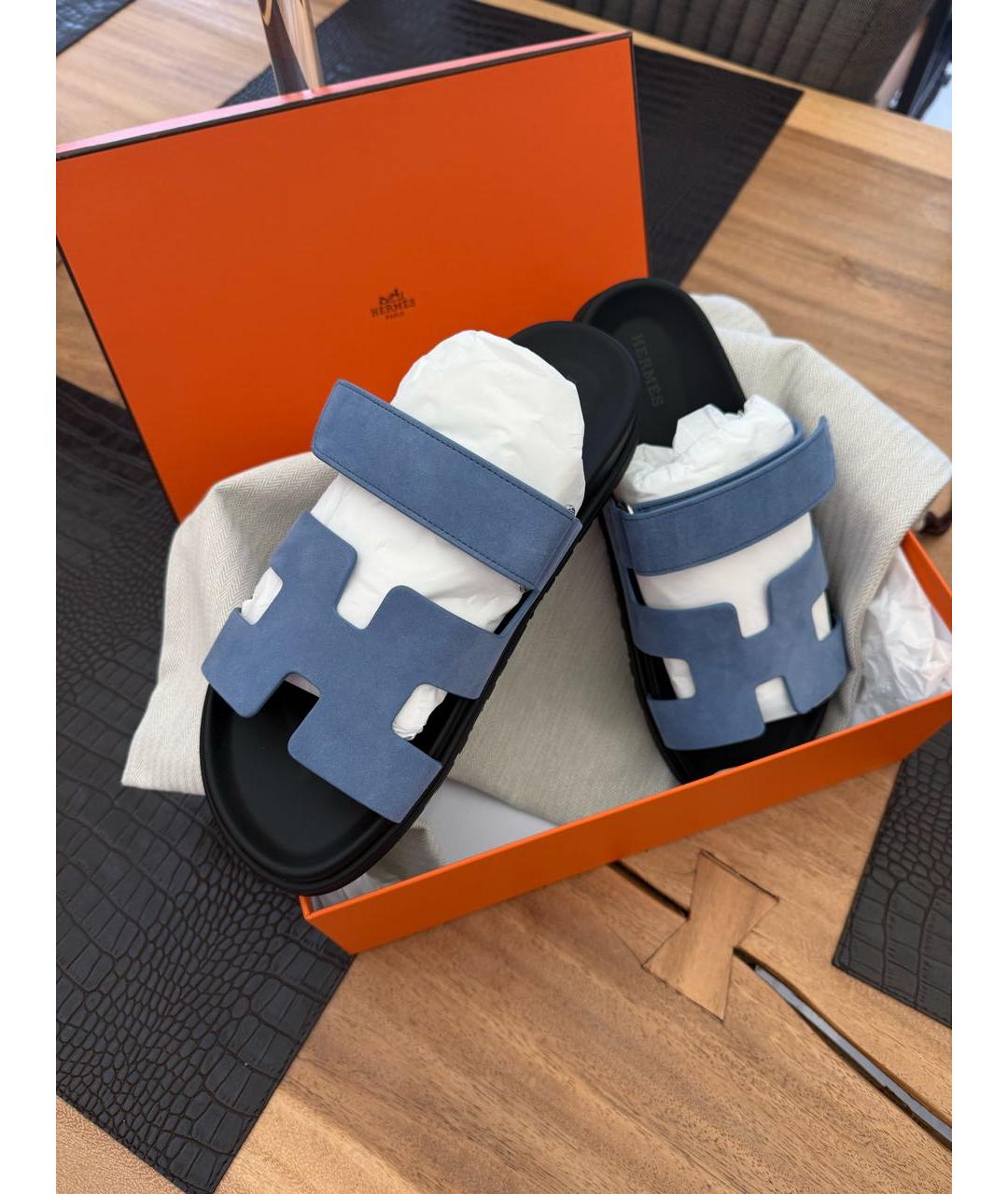 HERMES Голубые замшевые шлепанцы, фото 2