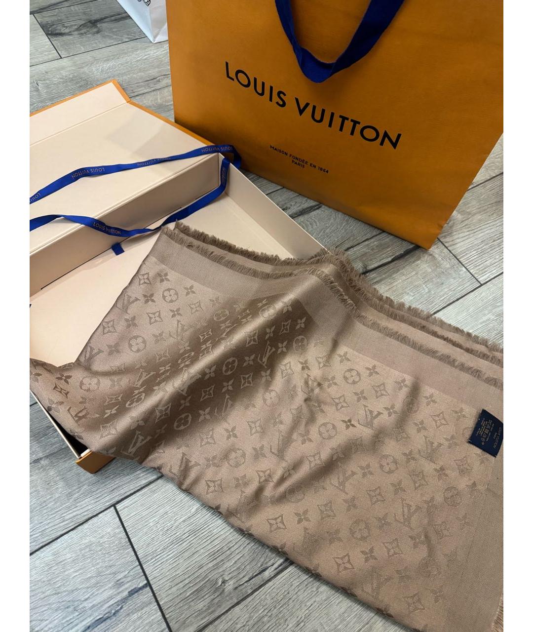 LOUIS VUITTON Бежевый шелковый шарф, фото 4
