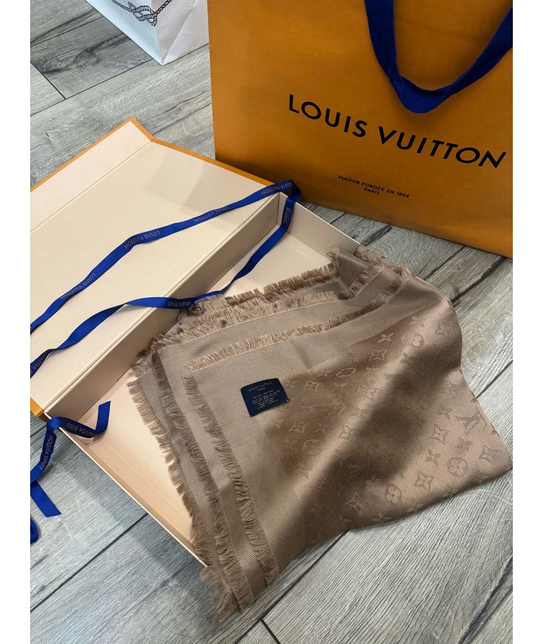 LOUIS VUITTON Бежевый шелковый шарф, фото 2