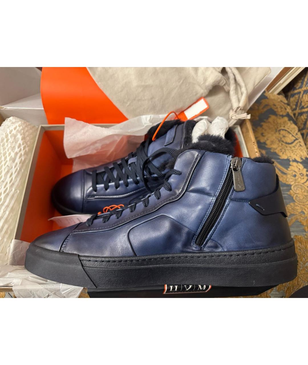 SANTONI Синие кожаные высокие ботинки, фото 3