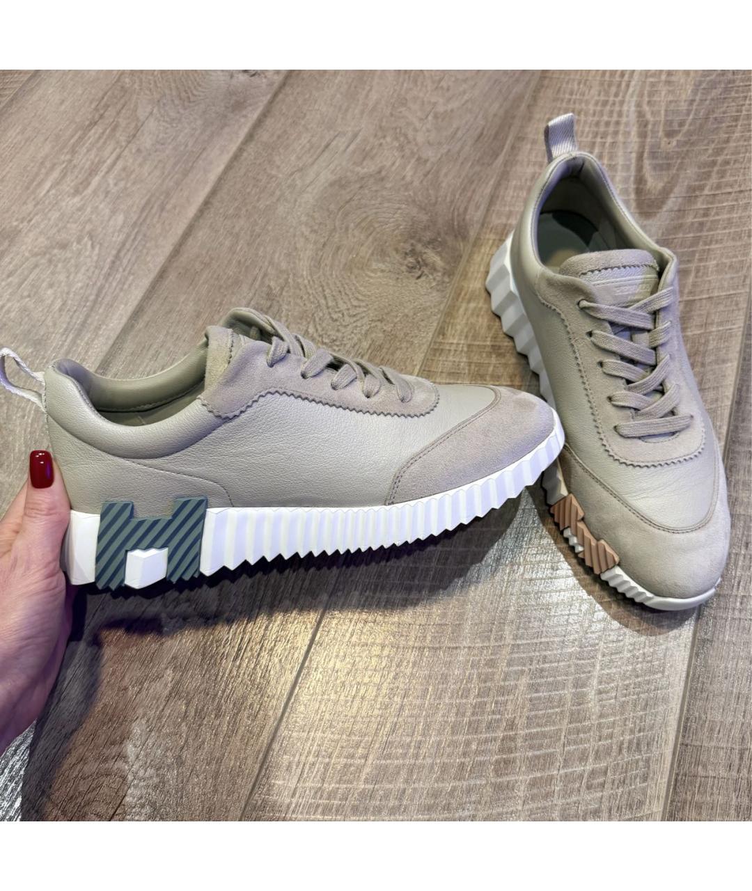 HERMES Бежевые кожаные кроссовки, фото 9