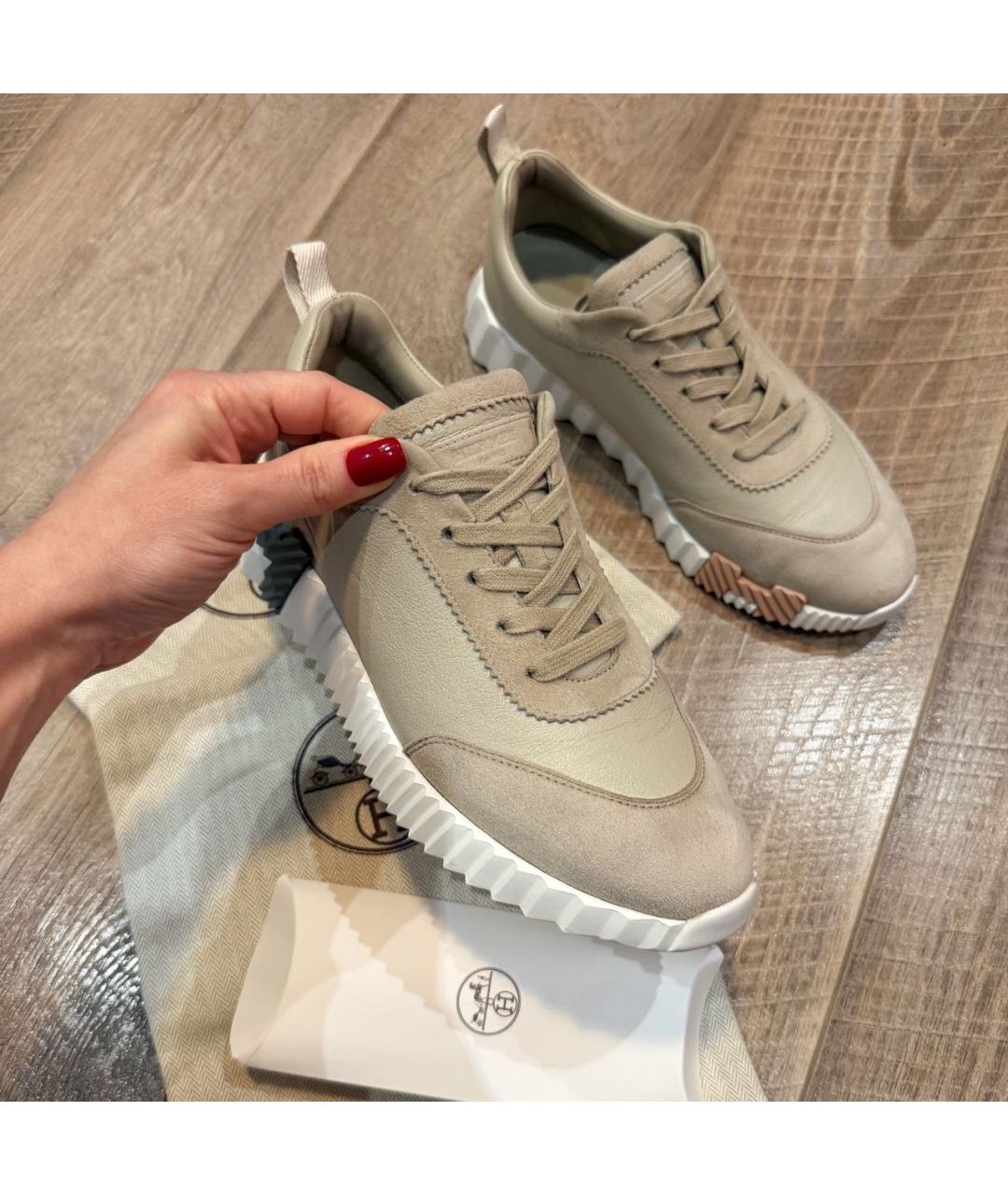 HERMES Бежевые кожаные кроссовки, фото 8
